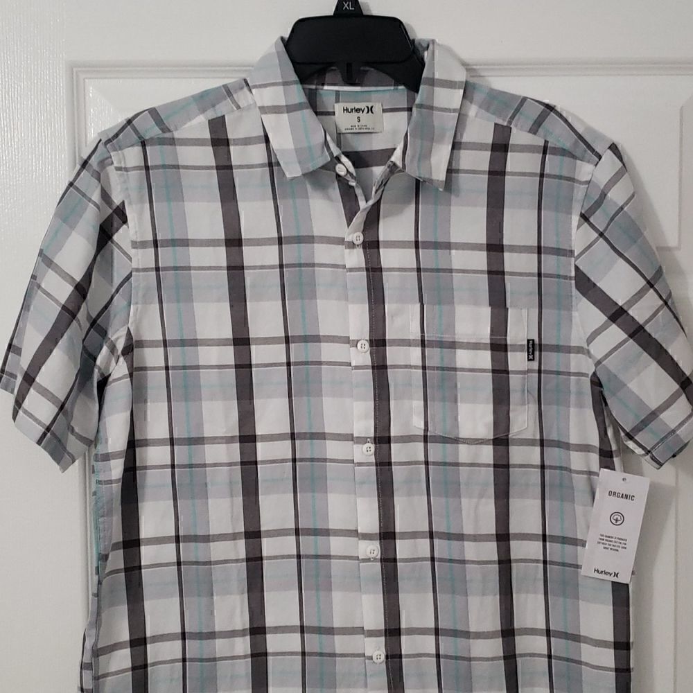 Hurley White, Grey, Teal Casual Button Up Lightweight Shirt.